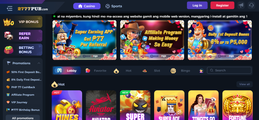 Screenshot of Homepage of Official Website of 777pub