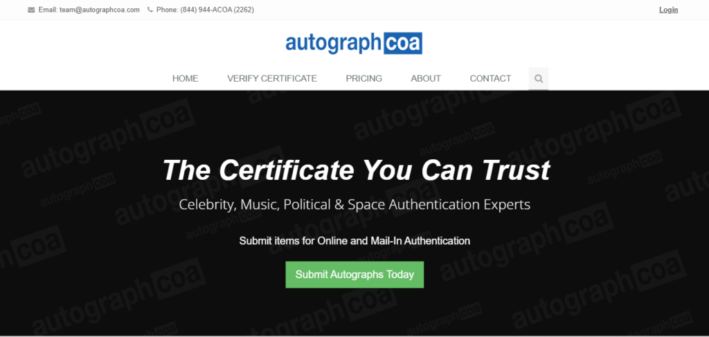 Screenshot of Homepage of Official Website of AutoGraph COA