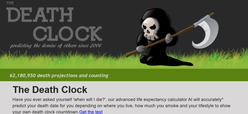 Screenshot of Homepage of Official Website of Death Clock