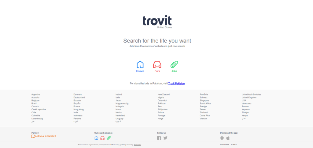 Screenshot of Homepage of Official Website of Trovit