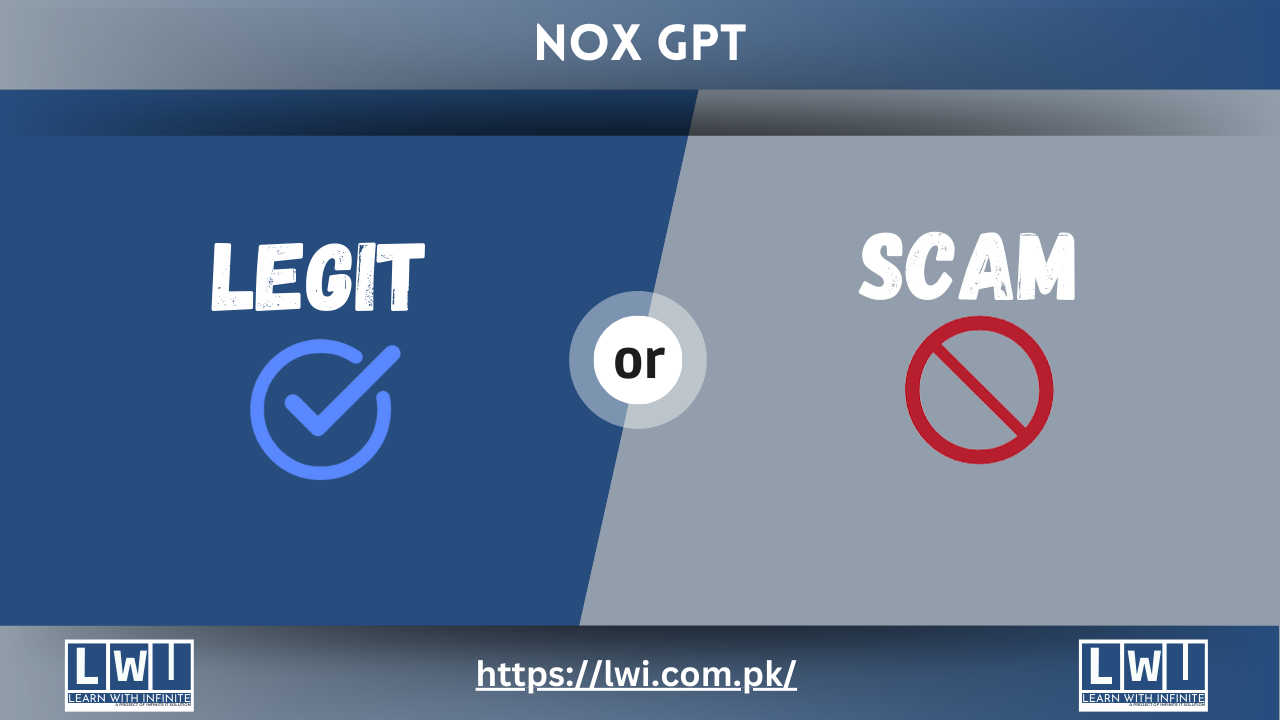 Graphic questioning if Nox GPT is legit or a scam, featuring "Legit" and "Scam" sections with symbols.