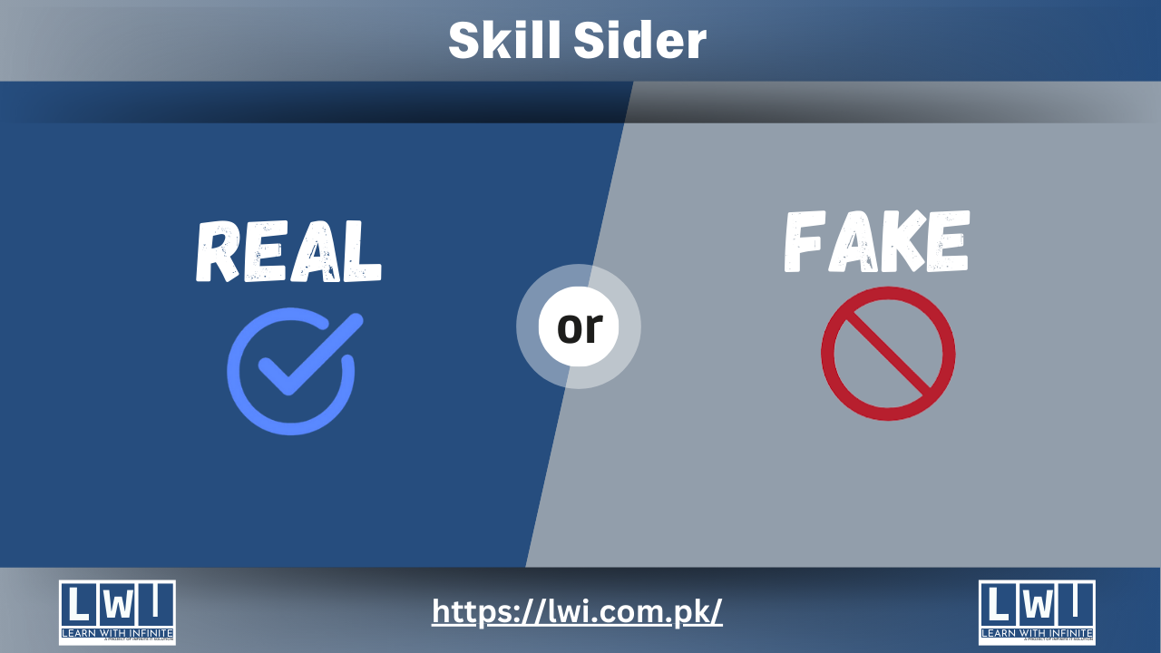 A side-by-side comparison of "Real" with a blue checkmark and "Fake" with a red prohibited sign, assessing Skill Sider’s authenticity.
